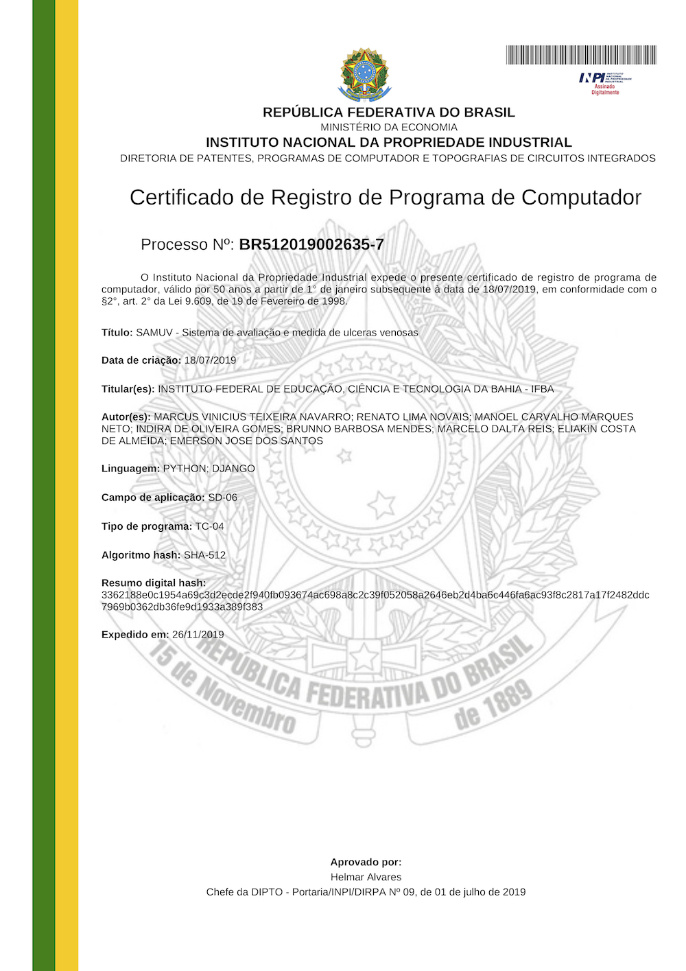 2019 CertificadoDeRegistroDeSoftware IndiraGomes SAMUV Web